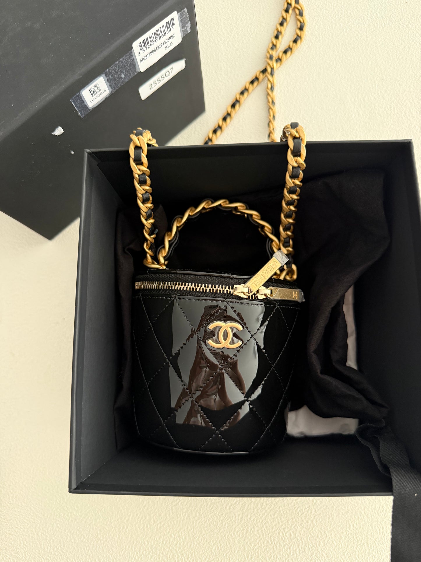 CC Black Patent Bucket Bag w/ Top Handle Gold Hardware