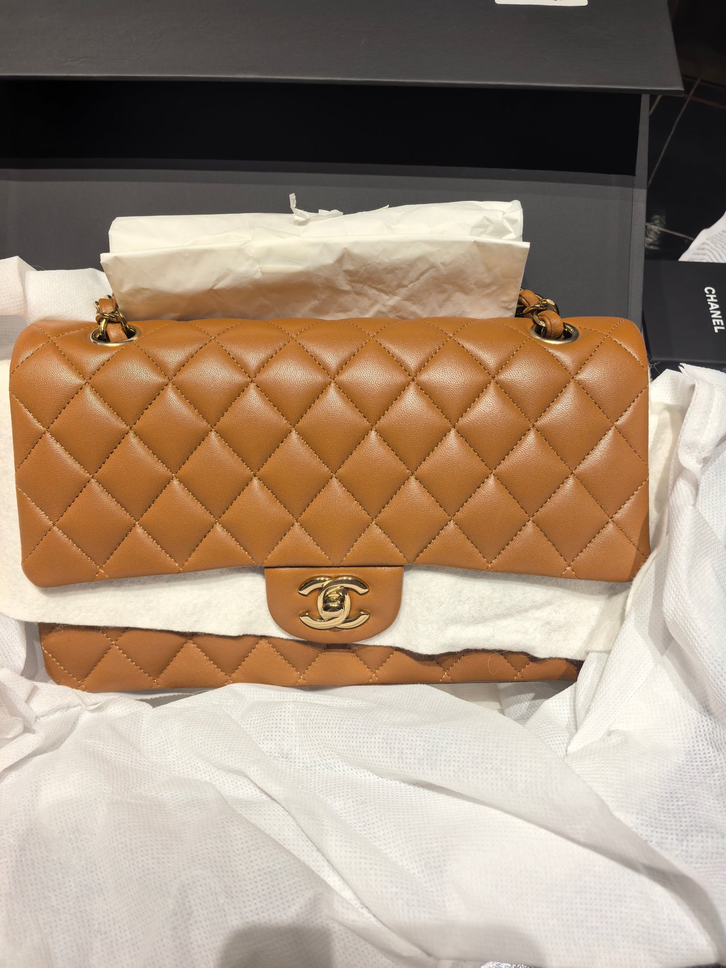 Chanel Caramel Lambskin Medium Double Flap Gold
