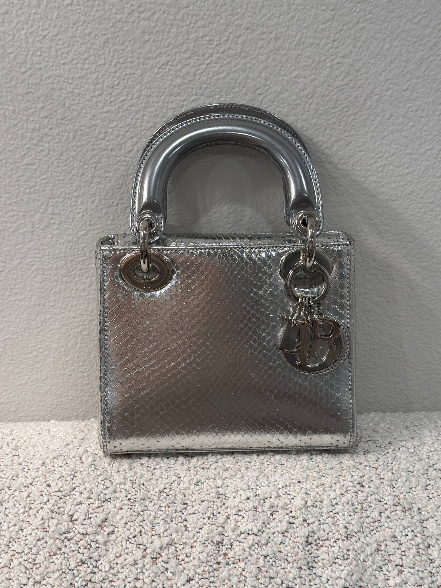 Dior Metallic Silver Python Mini Lady Dior w/ Chain Strap Silver