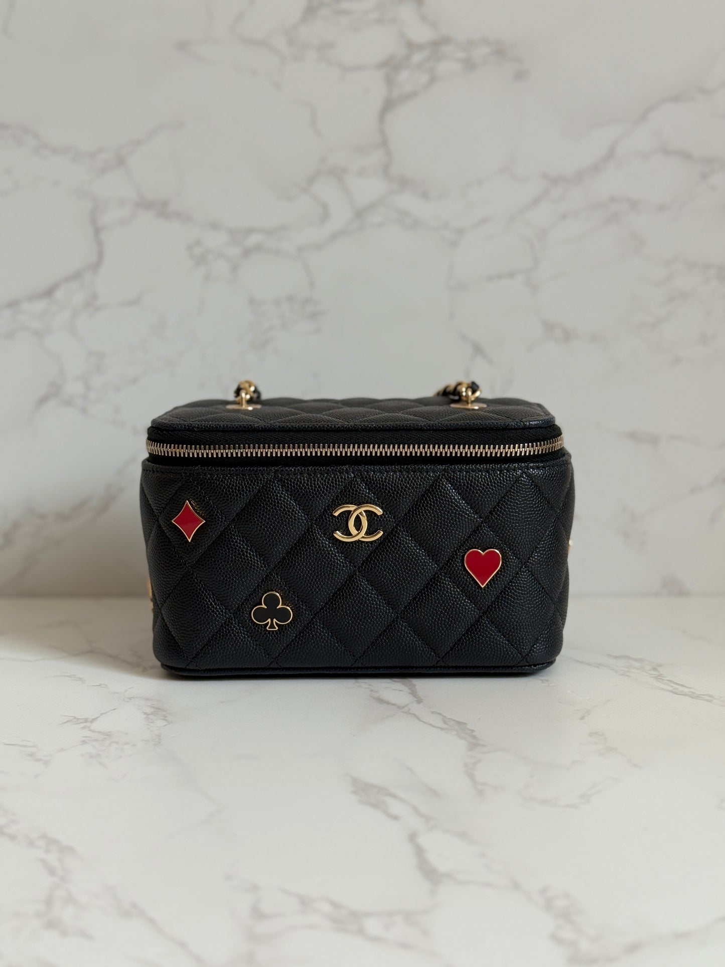 Chanel Black Caviar Coco Casino Vanity Case w/ Chain Gold Hardware