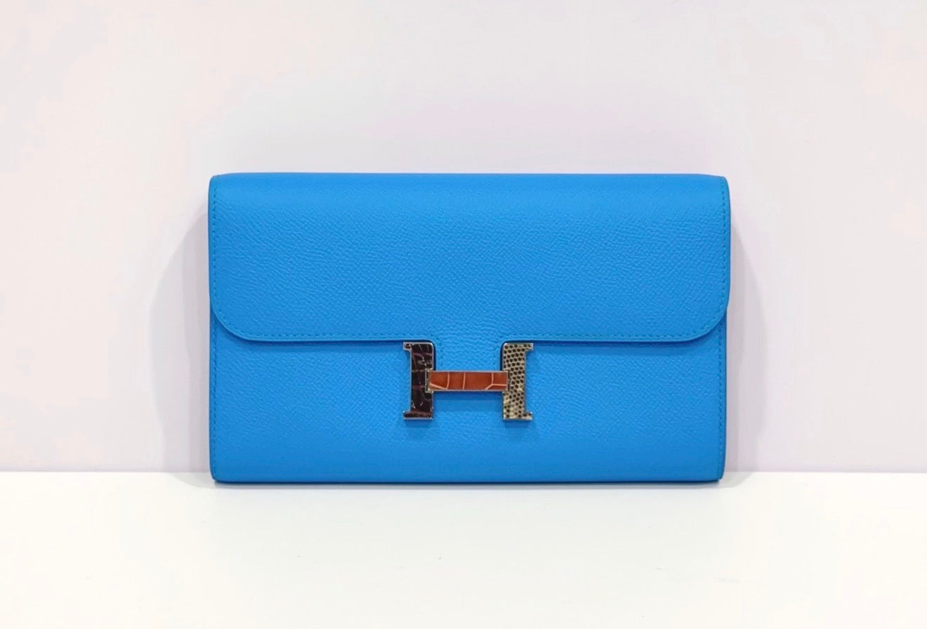 Hermes Epsom Alligator Lizard Constance Wallet To Go Bleu Frida Etrusque Ombre