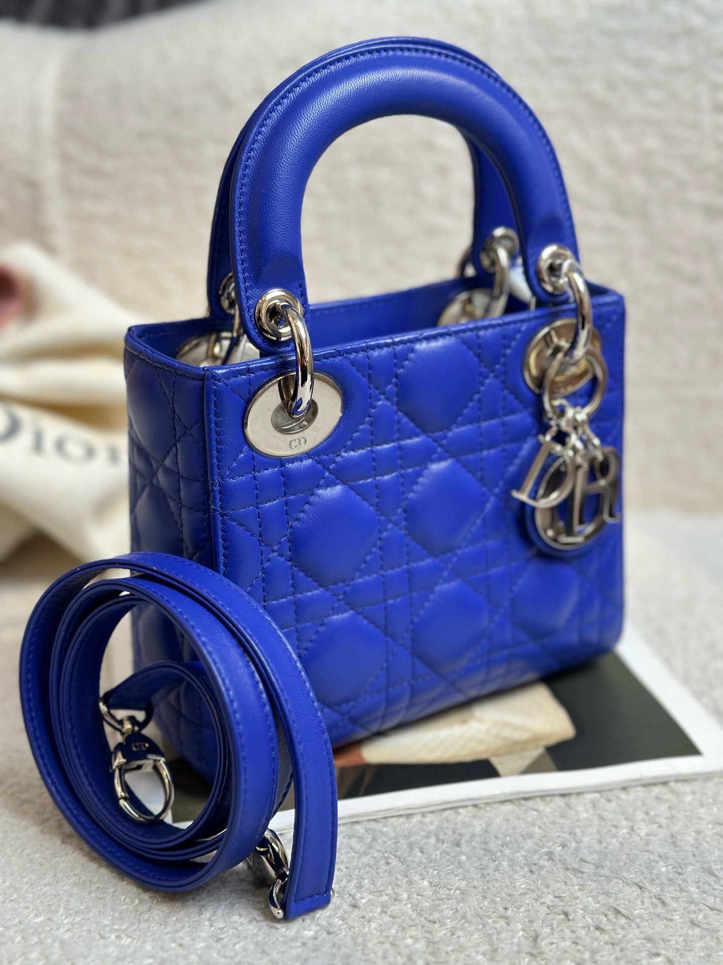 Dior Blue Lambskin Mini Lady Dior w/ Leather Strap Silver