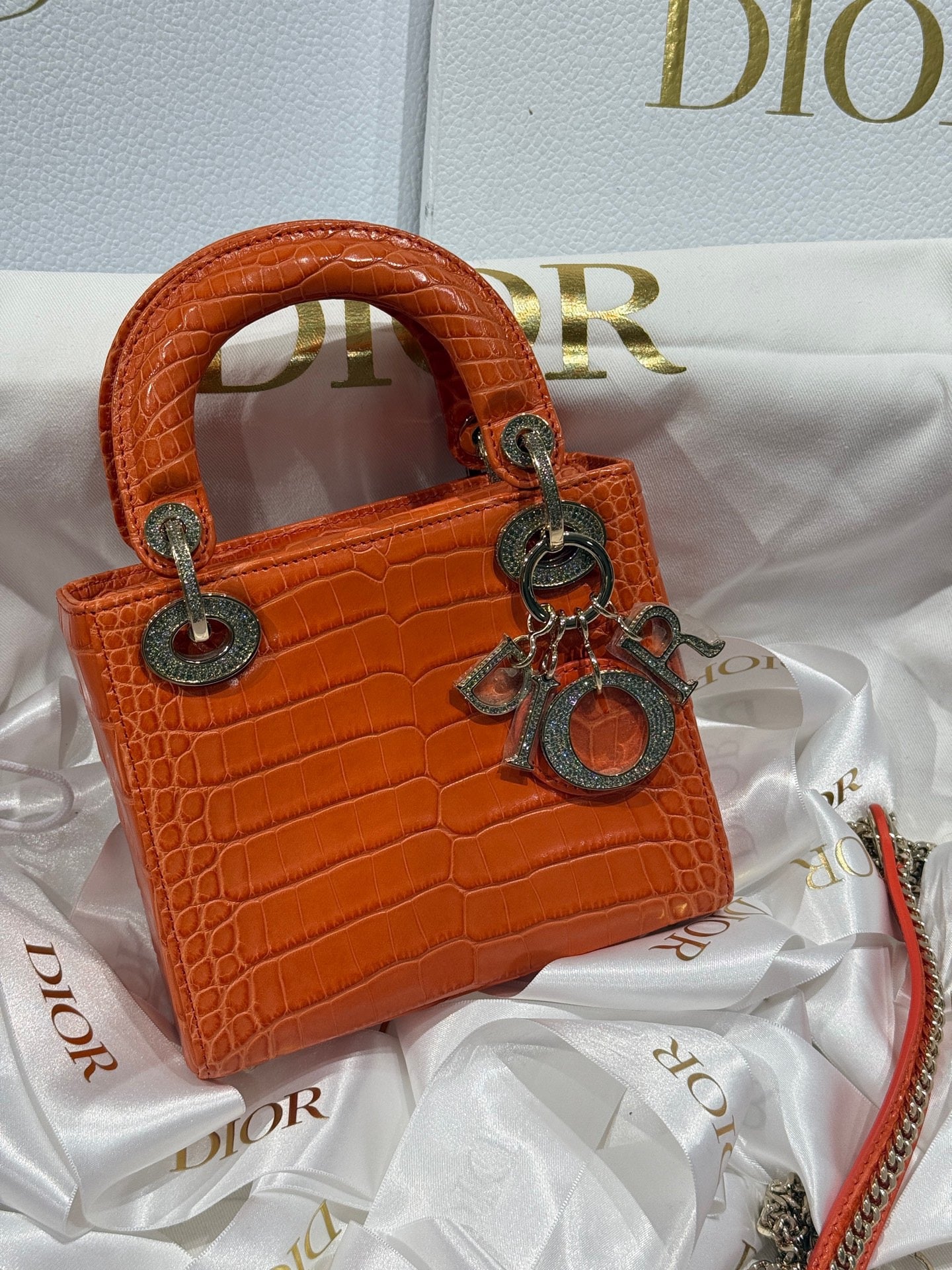 Dior Orange Matte Croc Mini Lady Dior Chain Strap Diamond Hardware (Deposit)