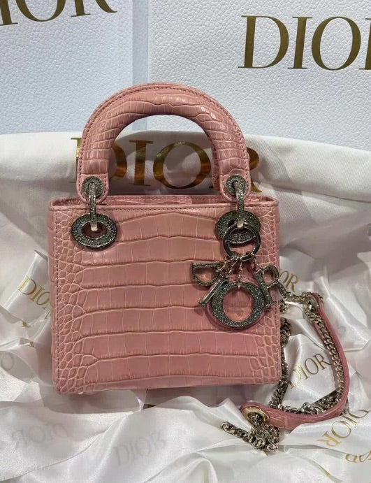 Dior Pink Crocodile Mini Lady Dior w/ Chain Strap Diamond Hardware (Final Balance)