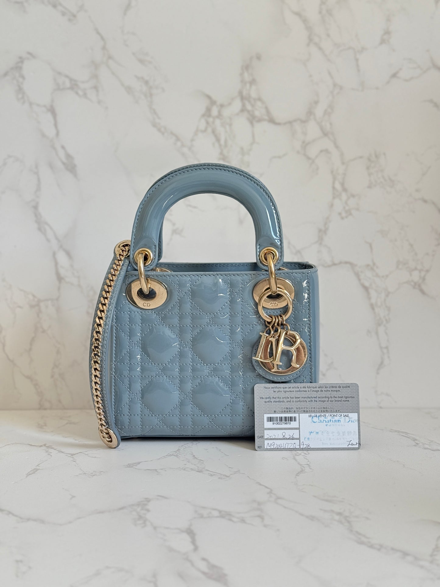 Dior Blue Patent Mini Lady w/ Chain Strap Gold Hardware