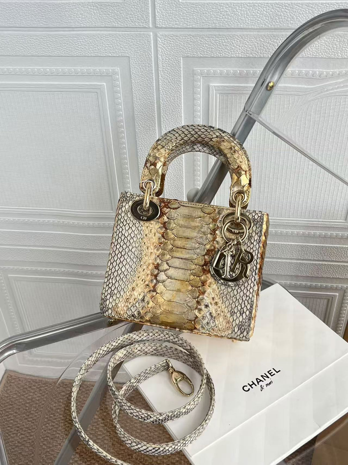 Dior Two Tone Python Mini Lady w/ Leather Strap Gold Hardware
