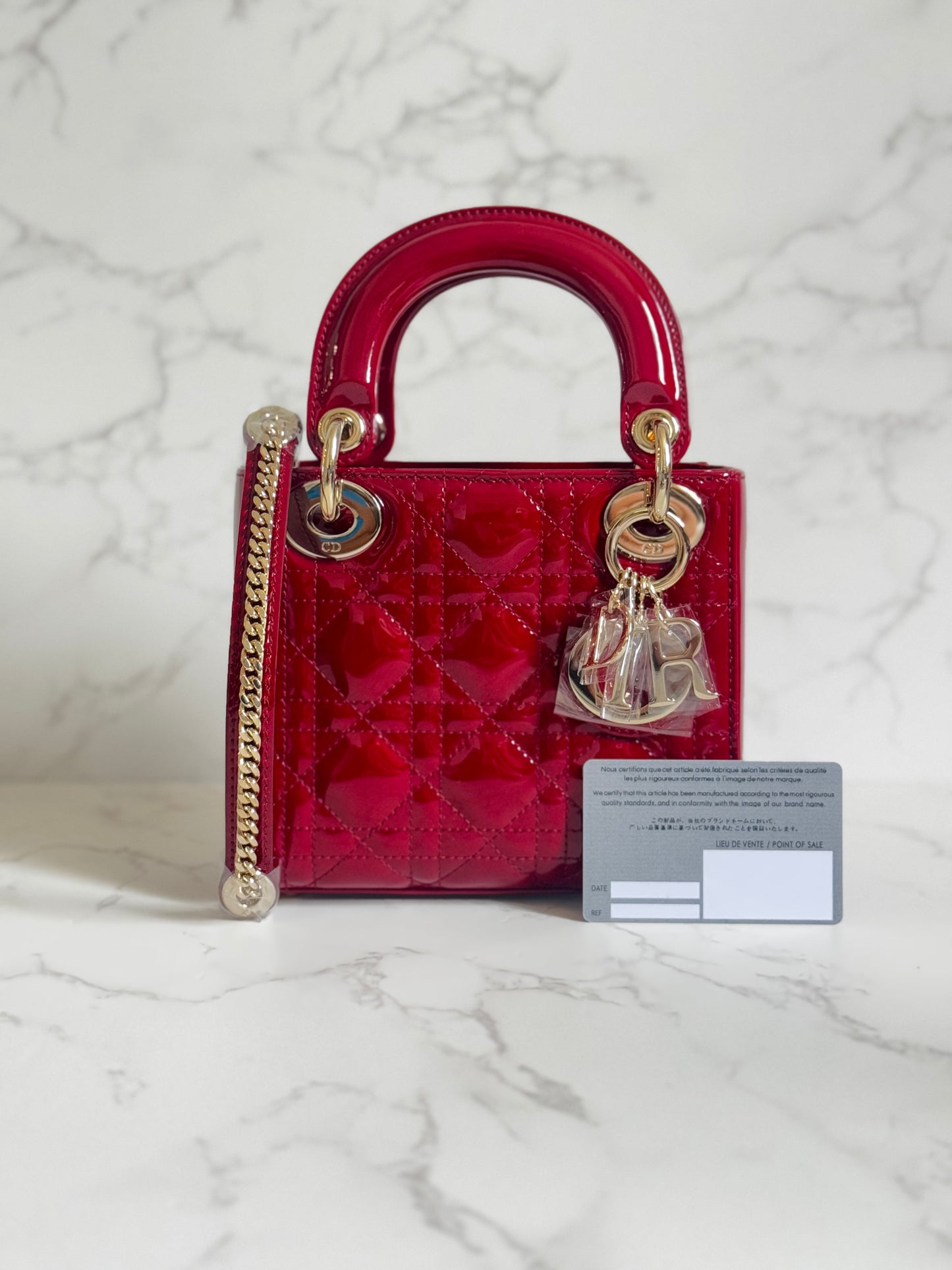 Dior Red Patent Mini Lady Dior w/ Chain Strap Gold Hardware
