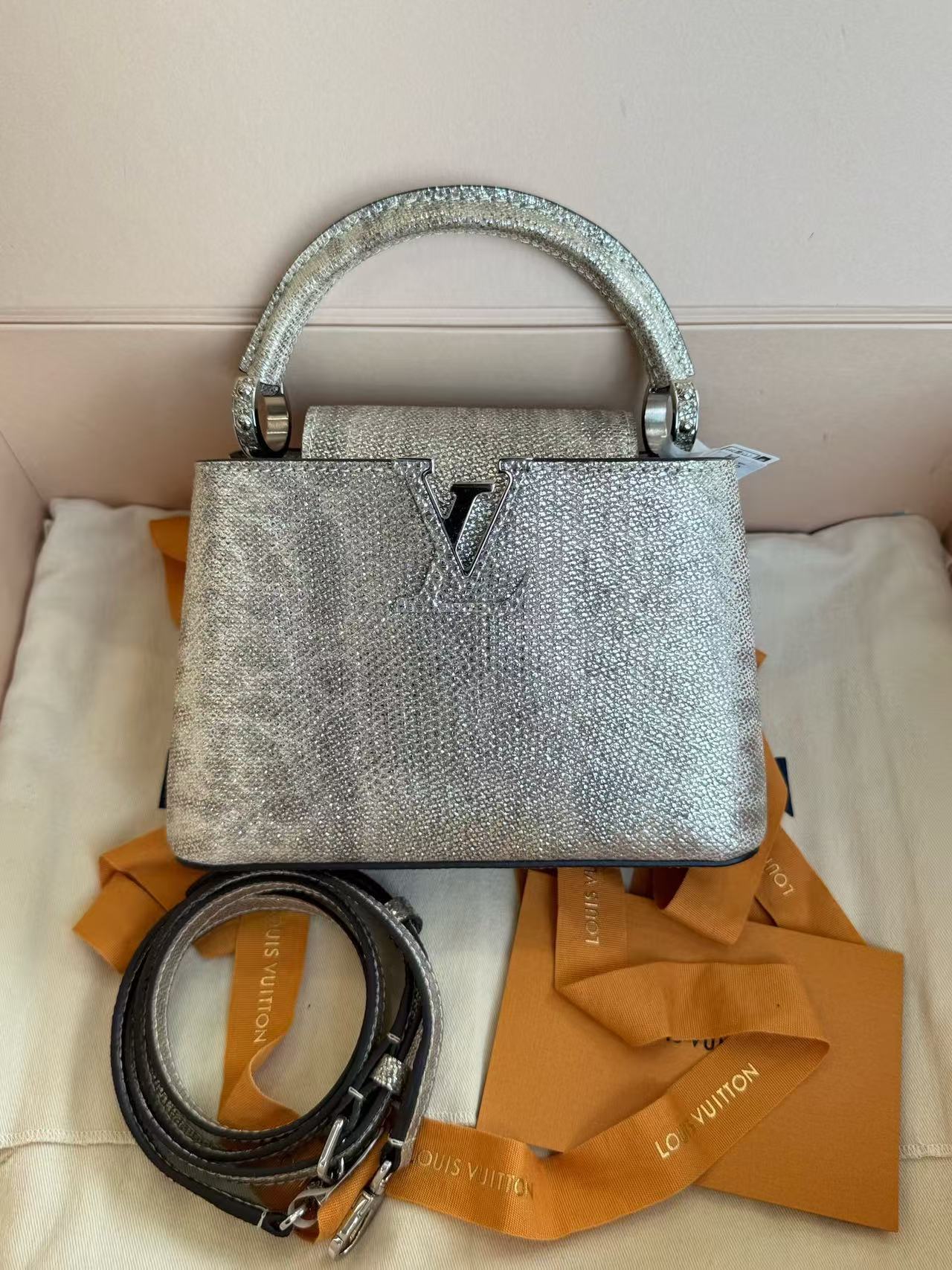 Louis Vuitton Metallic Lizard Mini Capucines w/ Strap Silver Hardware