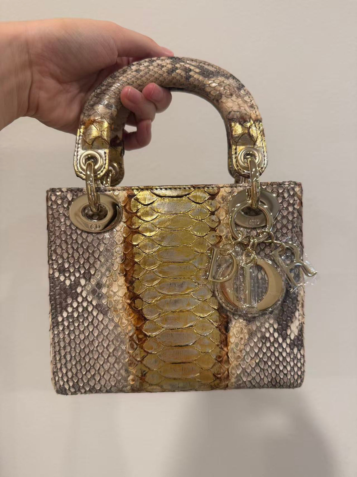 Dior Two Tone Python Mini Lady Dior w/ Leather Strap Gold Hardware