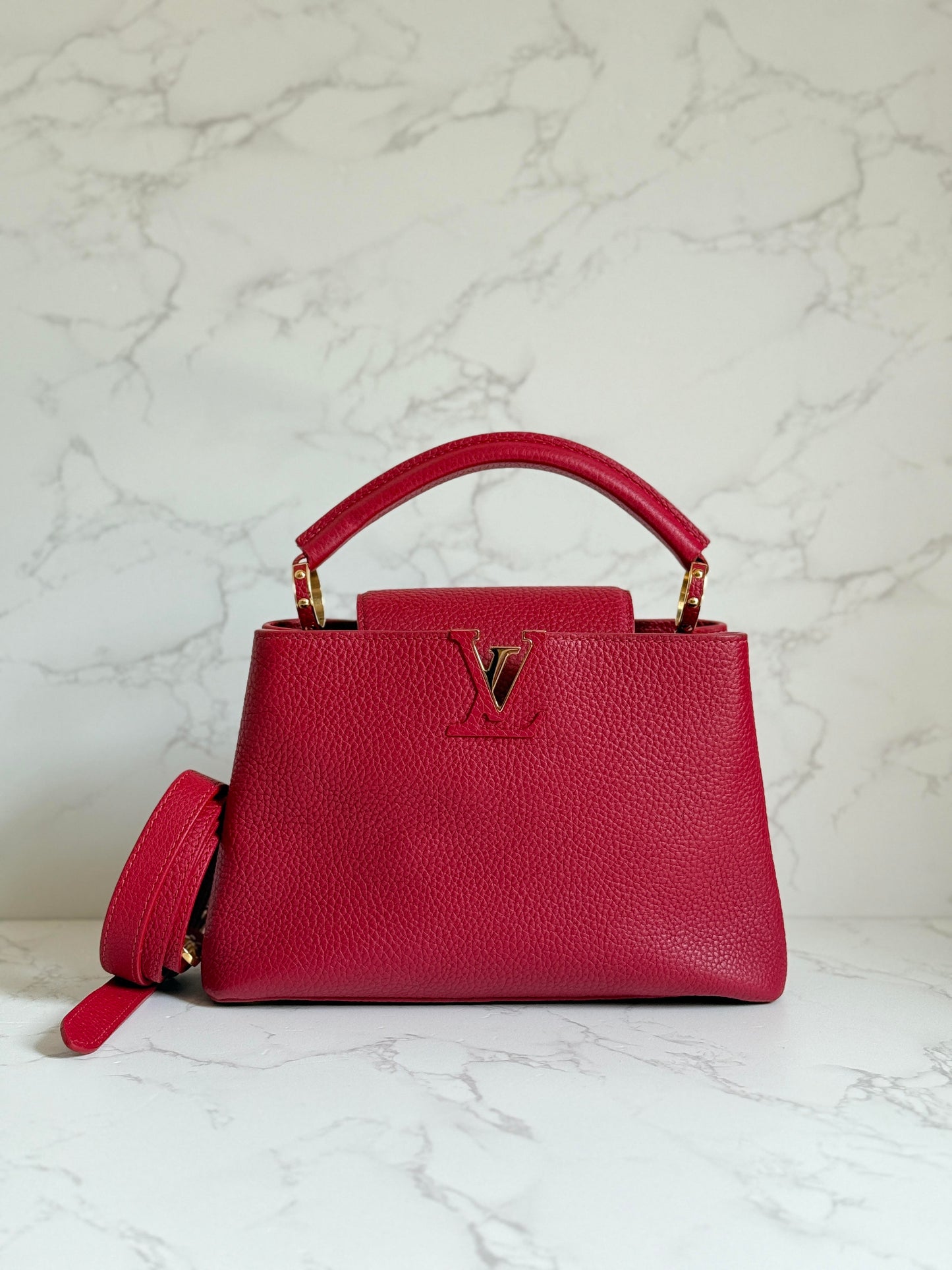 Louis Vuitton Red Calfskin Capucines BB w/ Leather Strap Gold Hardware