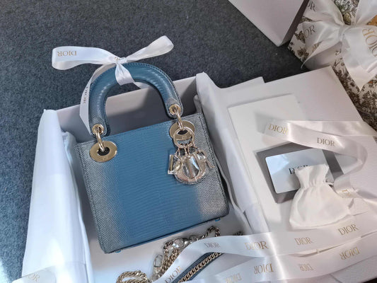 Dior Blue Ombré Lizard Mini Lady w/ Chain Strap Gold Hardware