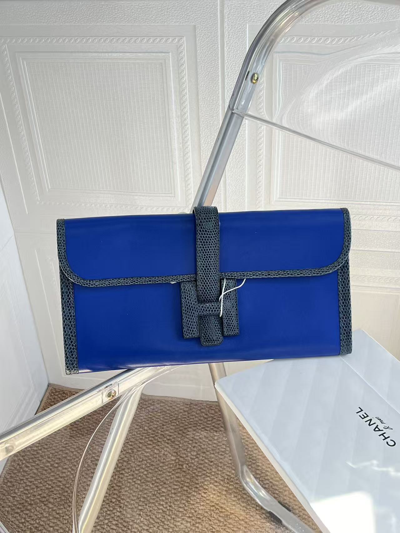 Hermes Blue Jige Clutch w/ Lizard Trim