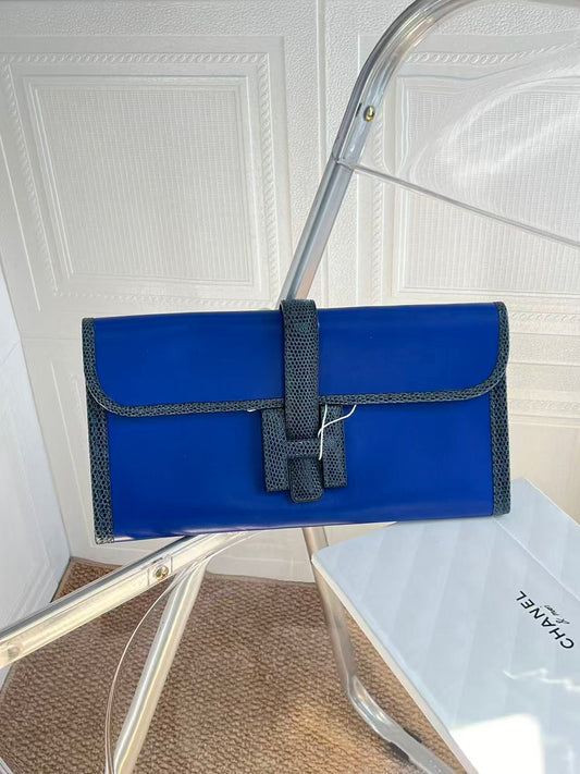 Hermes Blue Jige Clutch w/ Lizard Trim
