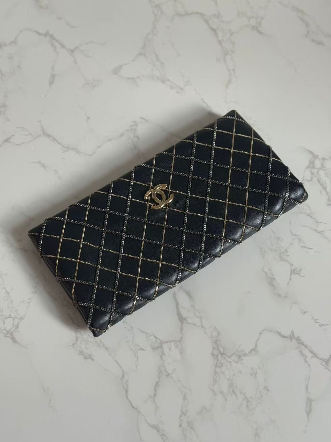 Chanel Black Lambskin Stitch Chain Clutch Gold Hardware