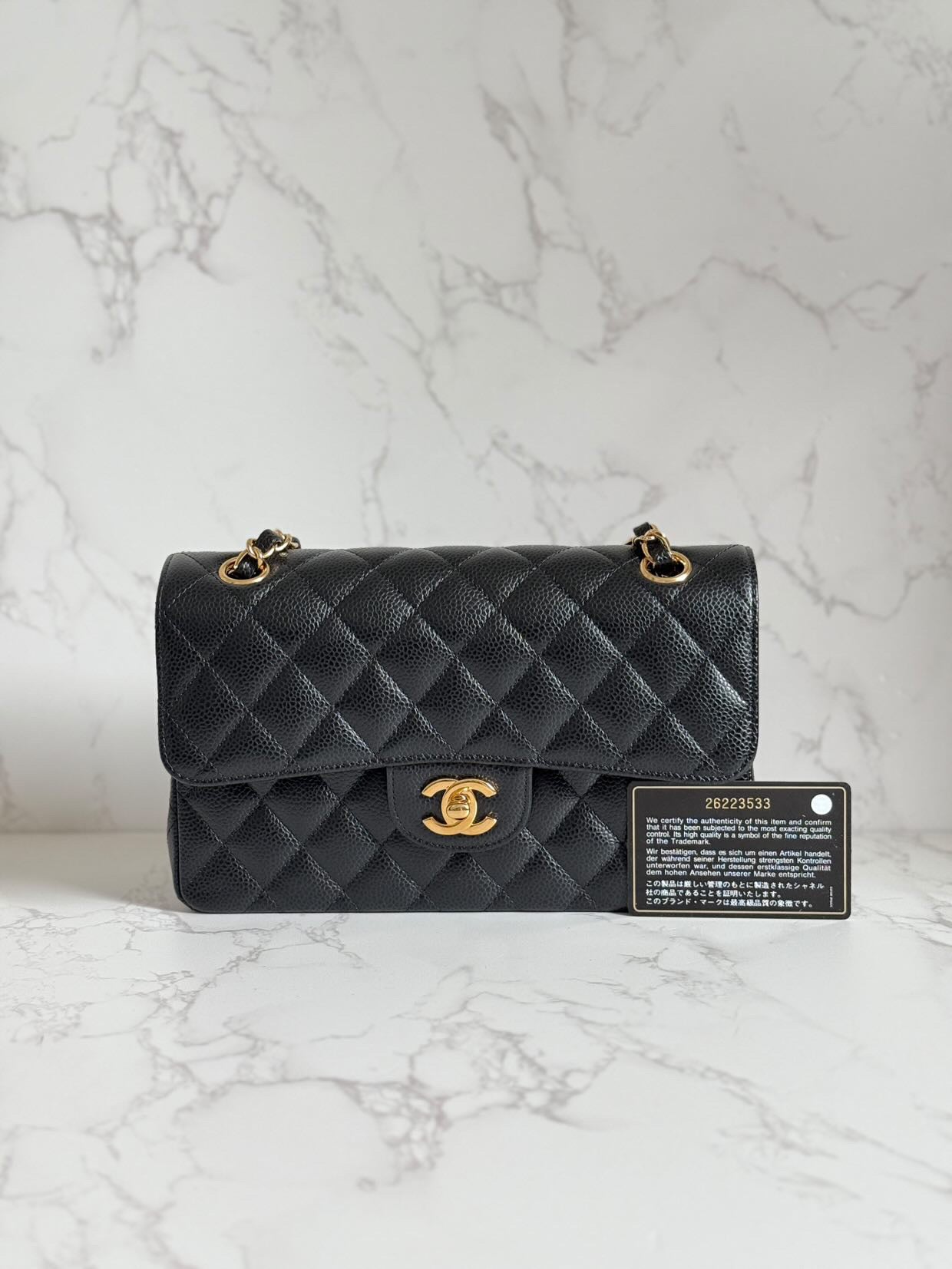 chanel black caviar small classic double flap gold w/ card