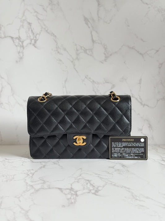 chanel black caviar small classic double flap gold w/ card