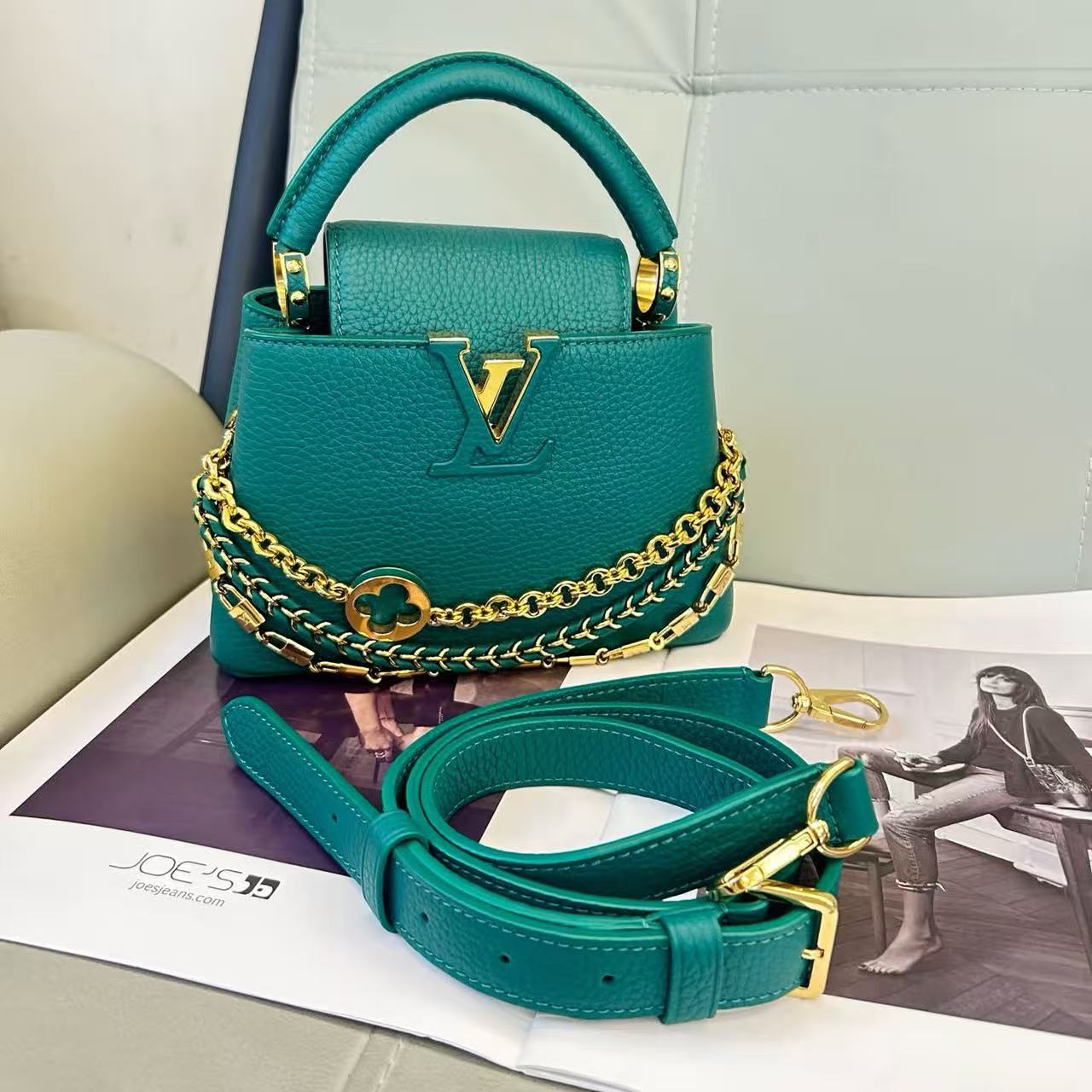 Louis Vuitton Green Calfskin Mini Capucines Chain Design Leather Strap Gold Hardware