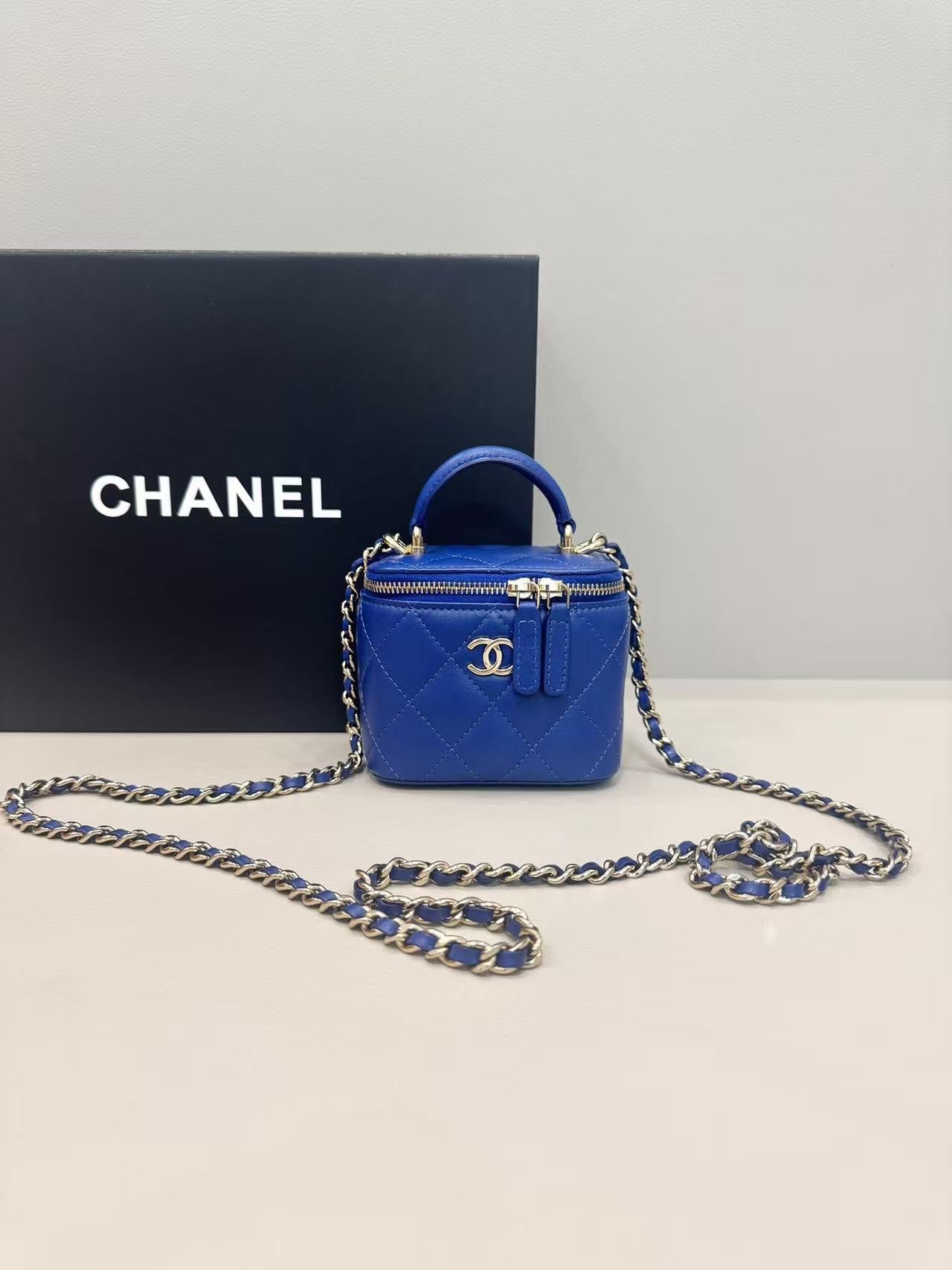 Chanel Blue Lambskin Mini Vanity Top Handle w/ Chain Gold Hardware