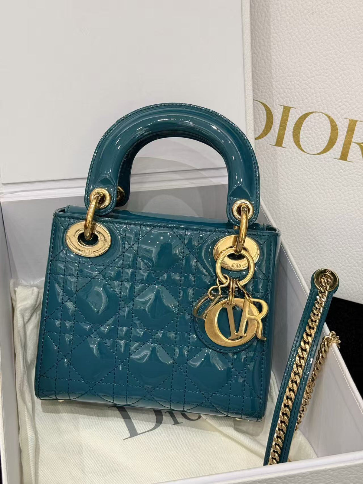Dior Blue Patent Mini Lady Dior w/ Chain Strap Gold Hardware