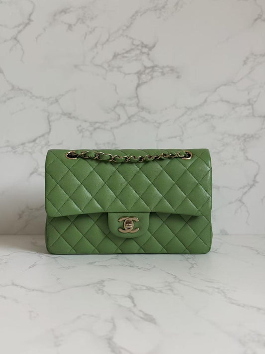 Chanel 23C Green Caviar Small Double Flap w/ Gold Hardware