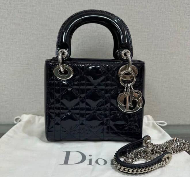 Dior Black Patent Mini Lady Dior w/ Chain Strap Silver Hardware
