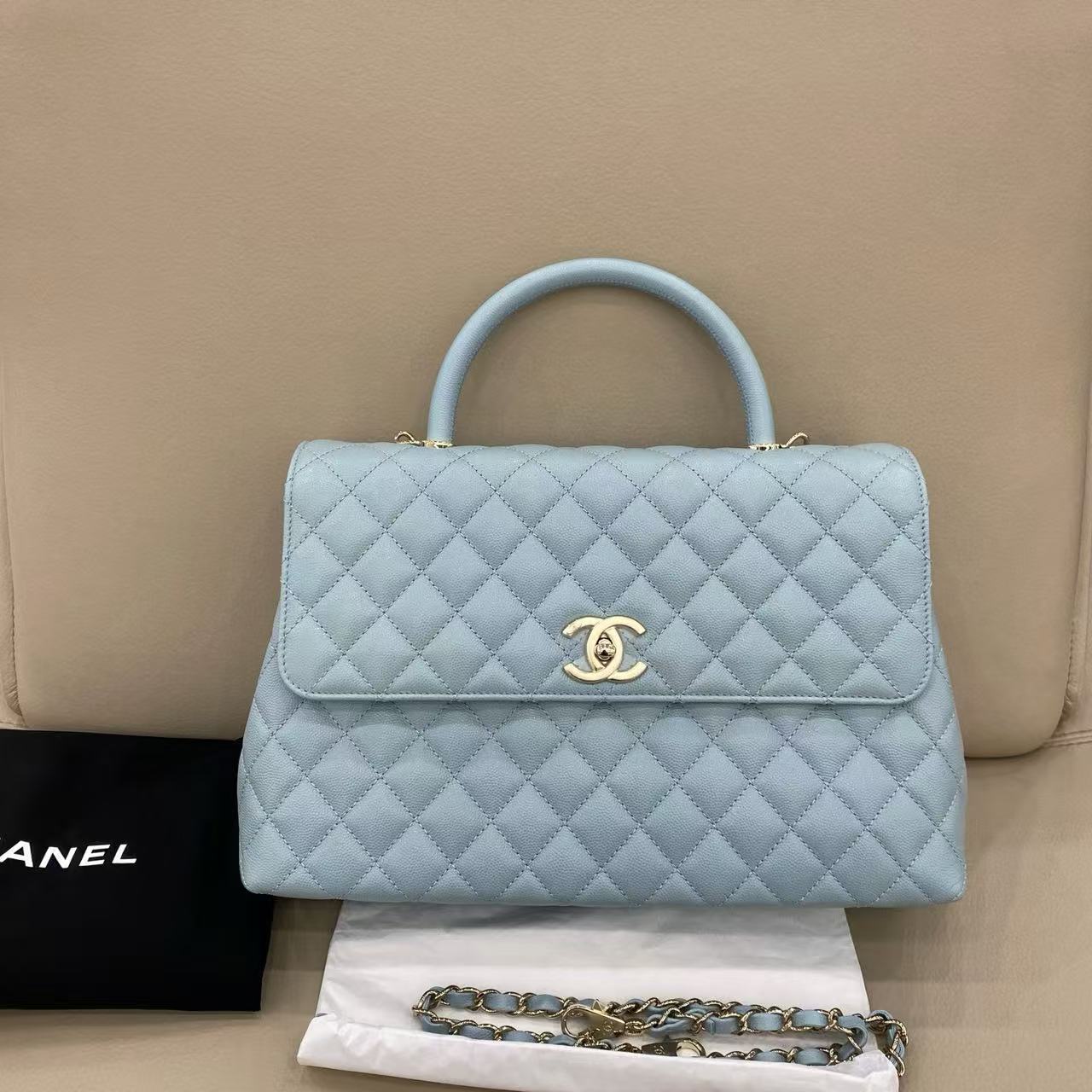 Chanel Baby Blue Large Caviar Coco Handle w/ Chain Strap Champagne Gold Hardware