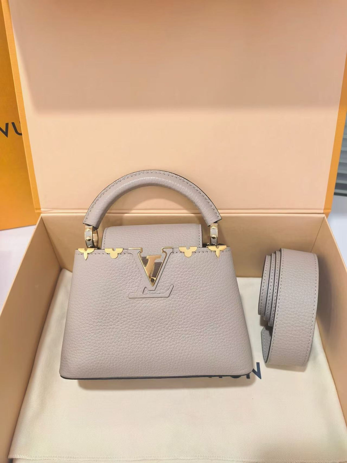Louis Vuitton Taupe Calfskin Mini Capucines w/ Floral Edge Gold Hardware (Deposit)