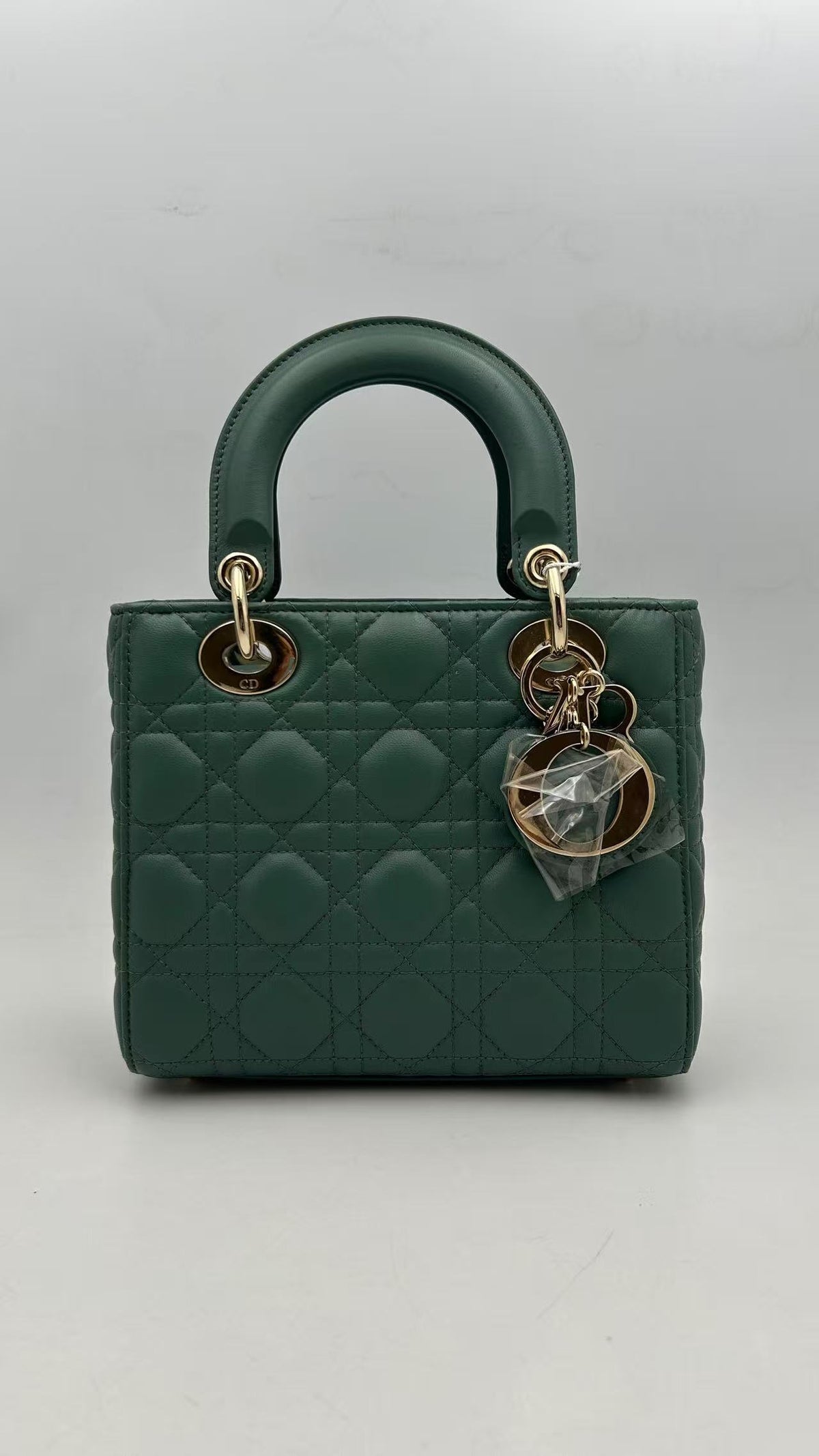 Dior Dark Green Lambskin Small Lady Dior w/ Leather Strap Gold Hardware