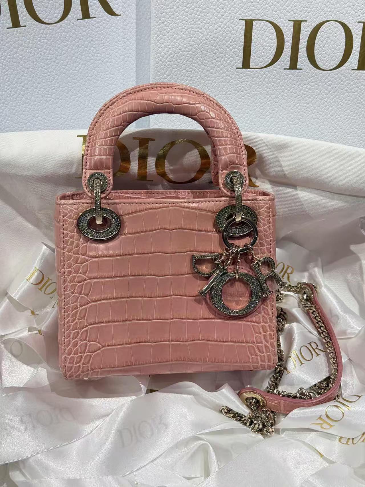 Dior Pink Crocodile Mini Lady Dior w/ Chain Strap Diamond Hardware (Deposit)