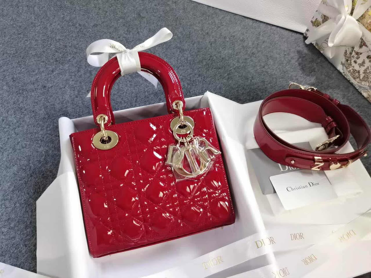 Dior Red Patent Small Lady Dior w/ Leather Strap Gold Hardware