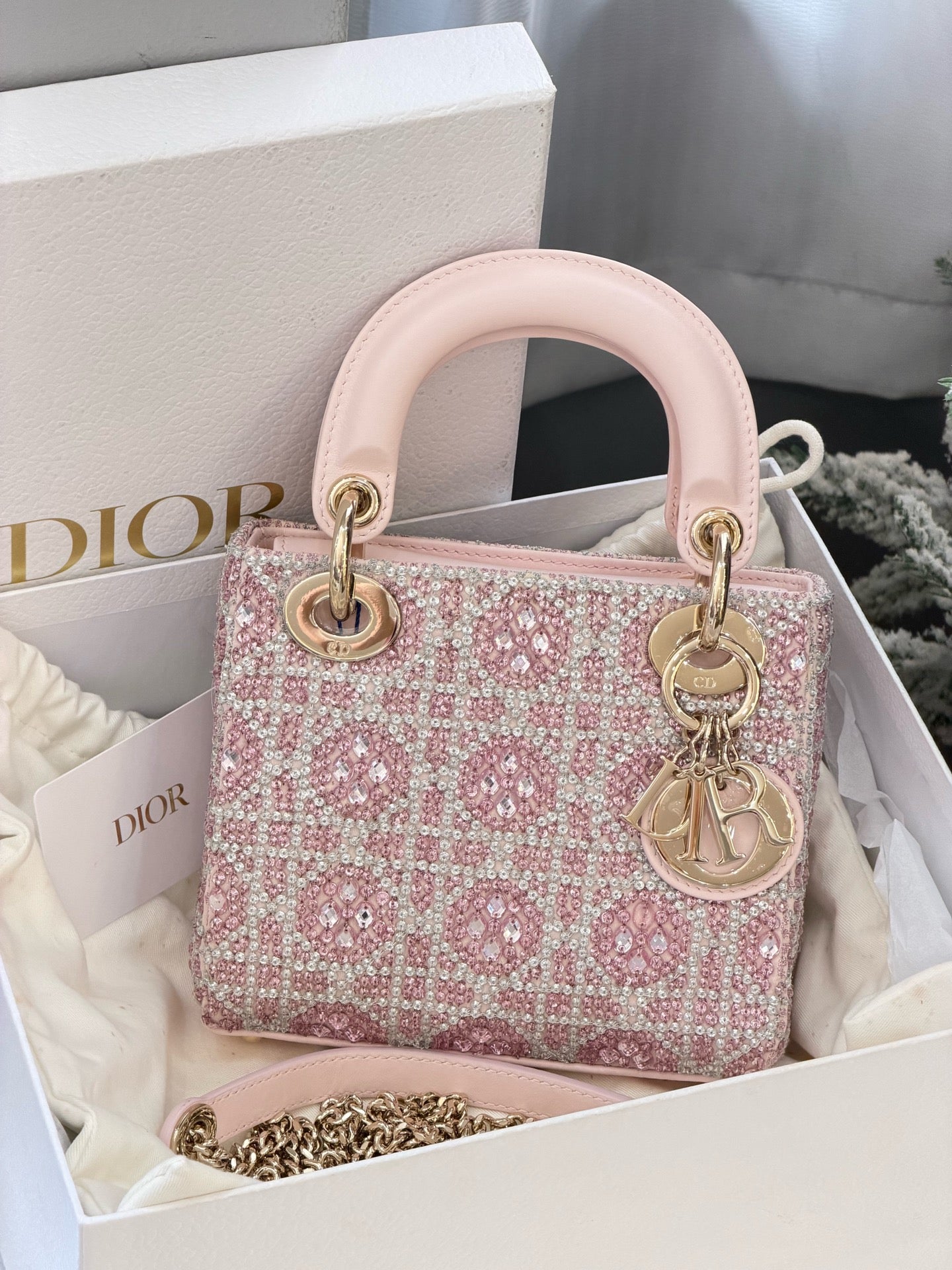 Dior Pink Embellished Min Lady w/ Chain Strap Gold Hardware (Deposit)