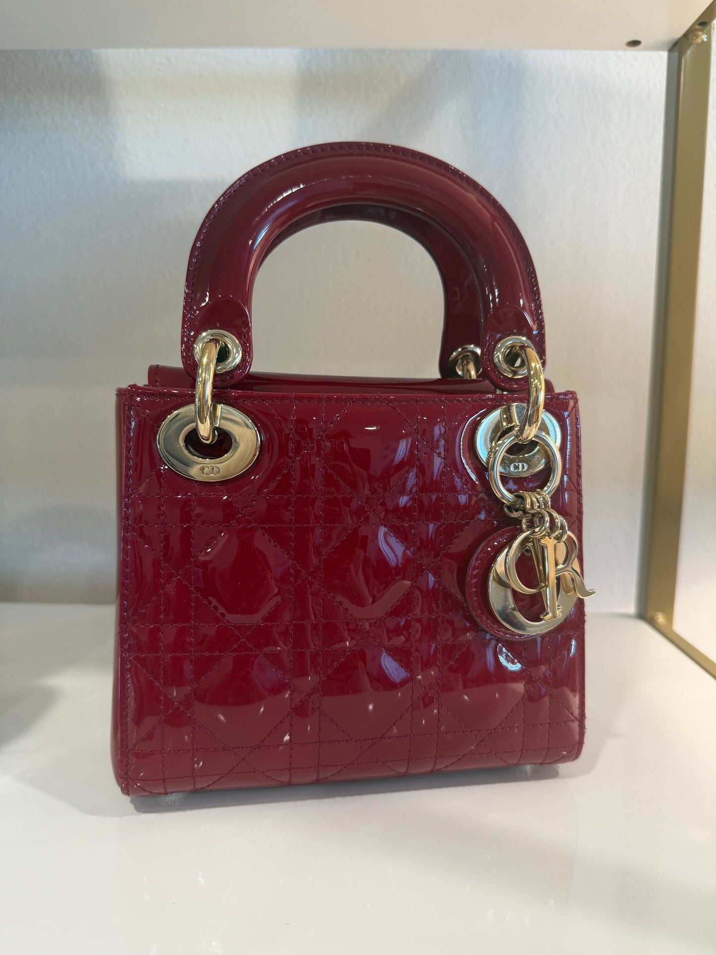 Dior Red Patent Mini Lady Dior w/ Chain Strap Gold