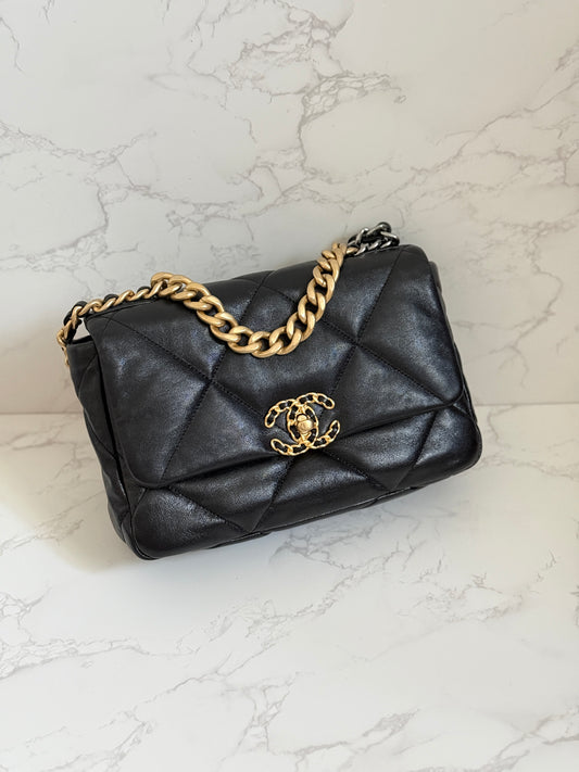 Chanel Black Lambskin Small 19bag w/ Gold & Silver Hardware