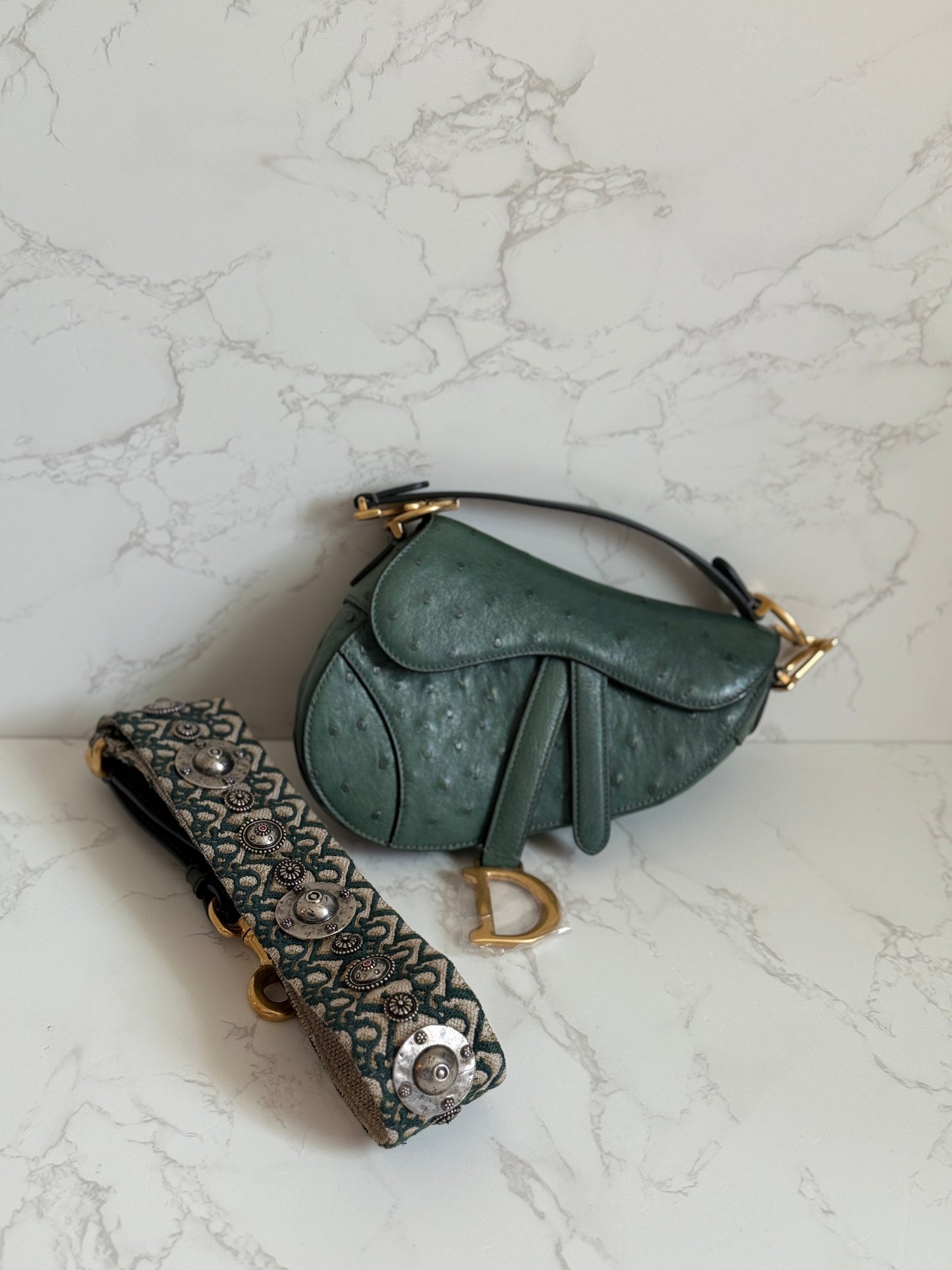 Dior Green Ostrich Mini Saddle w/ Strap Gold Hardware