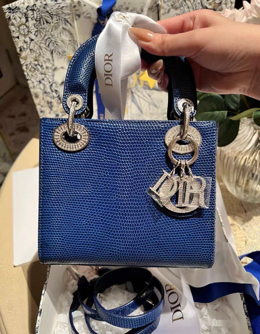 Dior Blue Lizard Mini Lady w/ Leather Strap Diamond Hardware