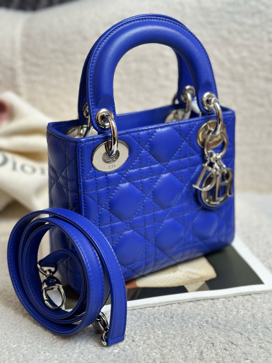 Dior Blue Lambskin Mini Lady Dior w/ Leather Strap Silver