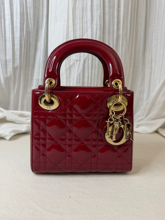 Dior Red Patent Mini Lady w/ Chain Strap Gold Hardware