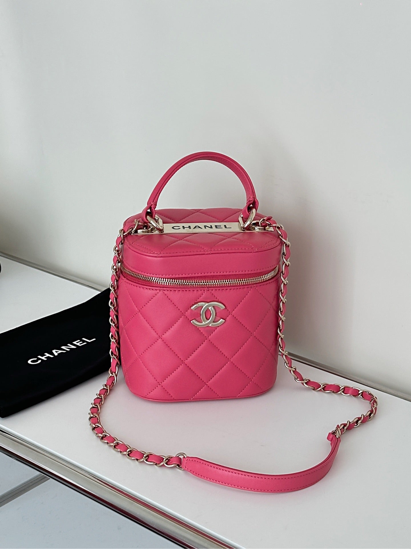 Chanel Pink Lambskin Vertical Vanity w/ Chain Gold Hardware