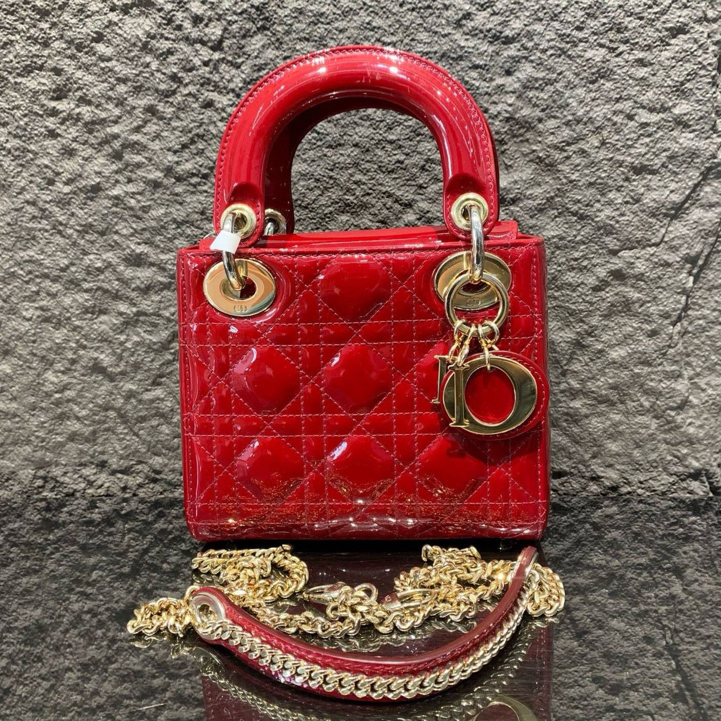 Dior Red Patent Mini Lady Dior w/ Chain Strap Goldhardware