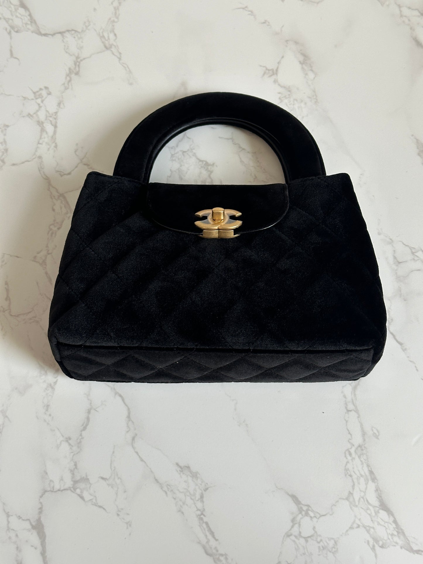 Chanel Vintage Top Handle Bag, velvet suede with a quilted pattern and gold-tone hardware.