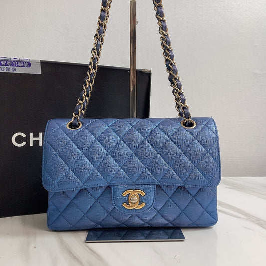 Chanel Blue Iridescent Caviar Small Double Flap Gold