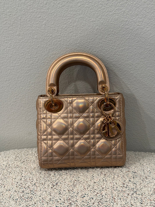 Dior Rosegold Iridescent Lambskin Mini Lady w/ Chain Strap Rosegold Hardware