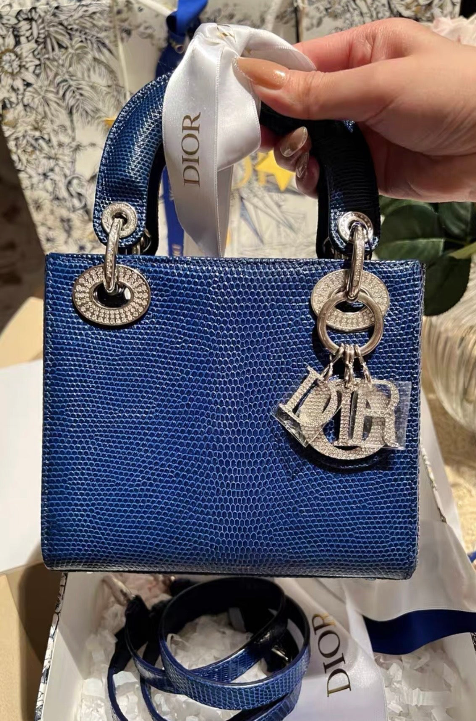 Dior Blue Lizard Mini Lady w/ Leather Strap Diamond Hardware