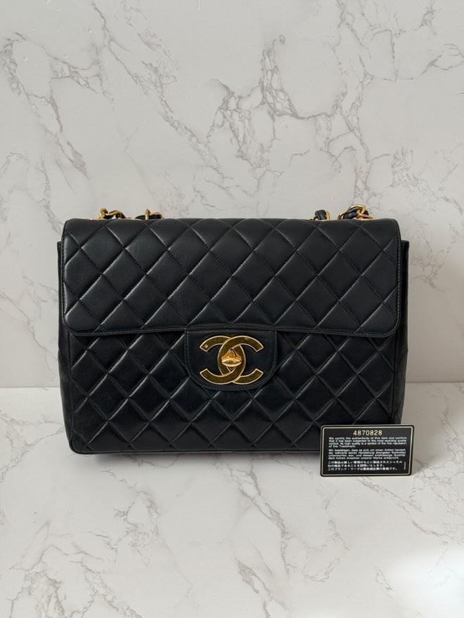 Chanel Vintage Black Lambskin Jumbo Single Flap w/ Gold Hardware