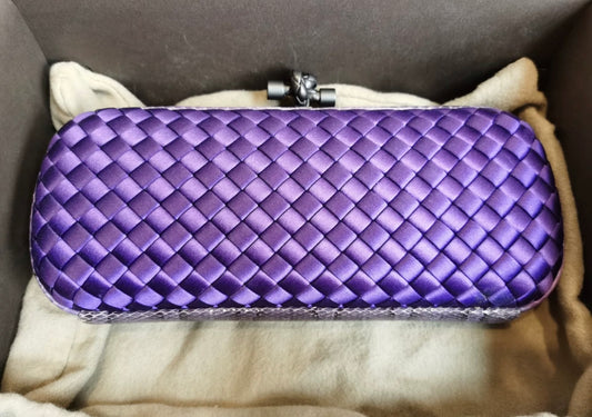 Bottaga Veneta Purple Satin Intreccio Impero Ayers Stretch Knot Long Clutch w/ Snake Trim