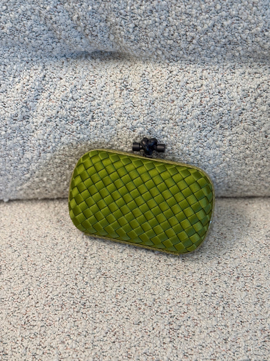 Bottega Veneta Green Satin Snake Trimmed Intrecciato Knot Short Clutch