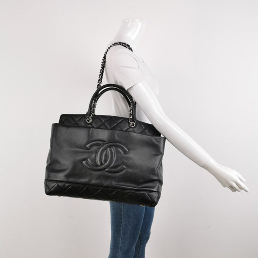 Chanel Black Soft Caviar CC Large Top Handle Tote Silver Hardware