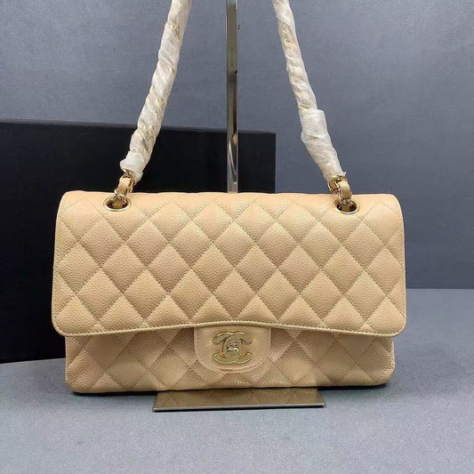 Chanel Beige Caviar Medium Double Flap Gold Hardware