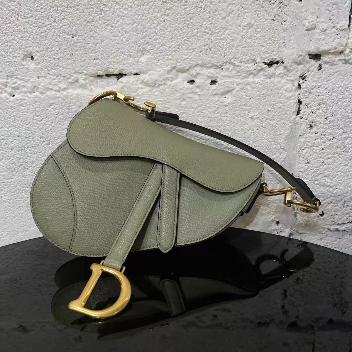 Dior Green Grained Calfskin Mini Saddle w/ Strap Gold Hardware