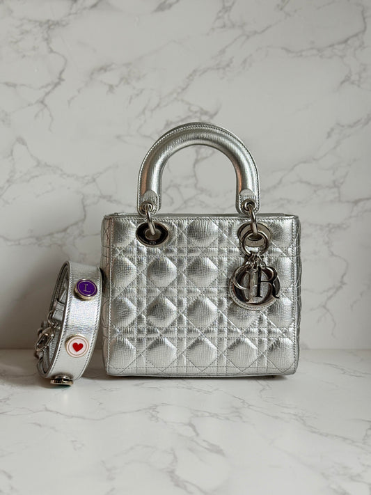 Dior Metallic Silver ABC Lady Dior w/ Lucky Badges Silver Hardware